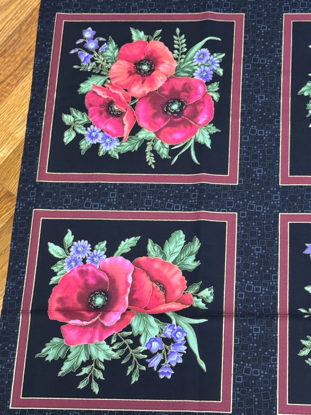 Amazing Poppies 13160M12B Quilt Blocks Panel Black Benartex