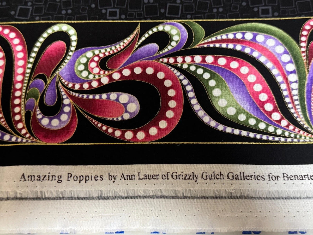 Amazing Poppies 13160M12B Quilt Blocks Panel Black Benartex