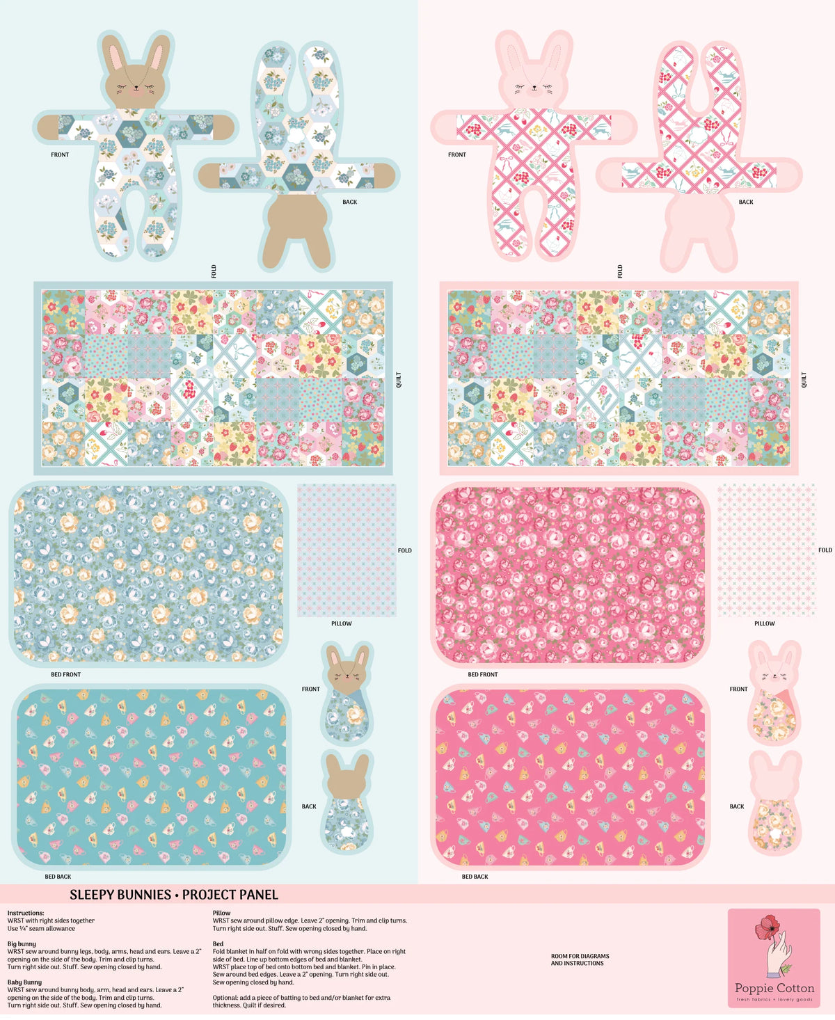Sleeping Bunnies 1 Yard Panel Poppie Cotton 38M