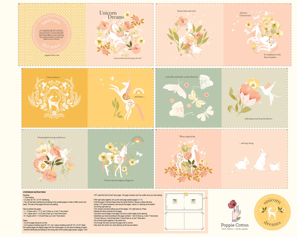 Unicorn Dreams Storybook 1 Yard Panel Ginger Deverell Poppie Cotton UD25721 73M
