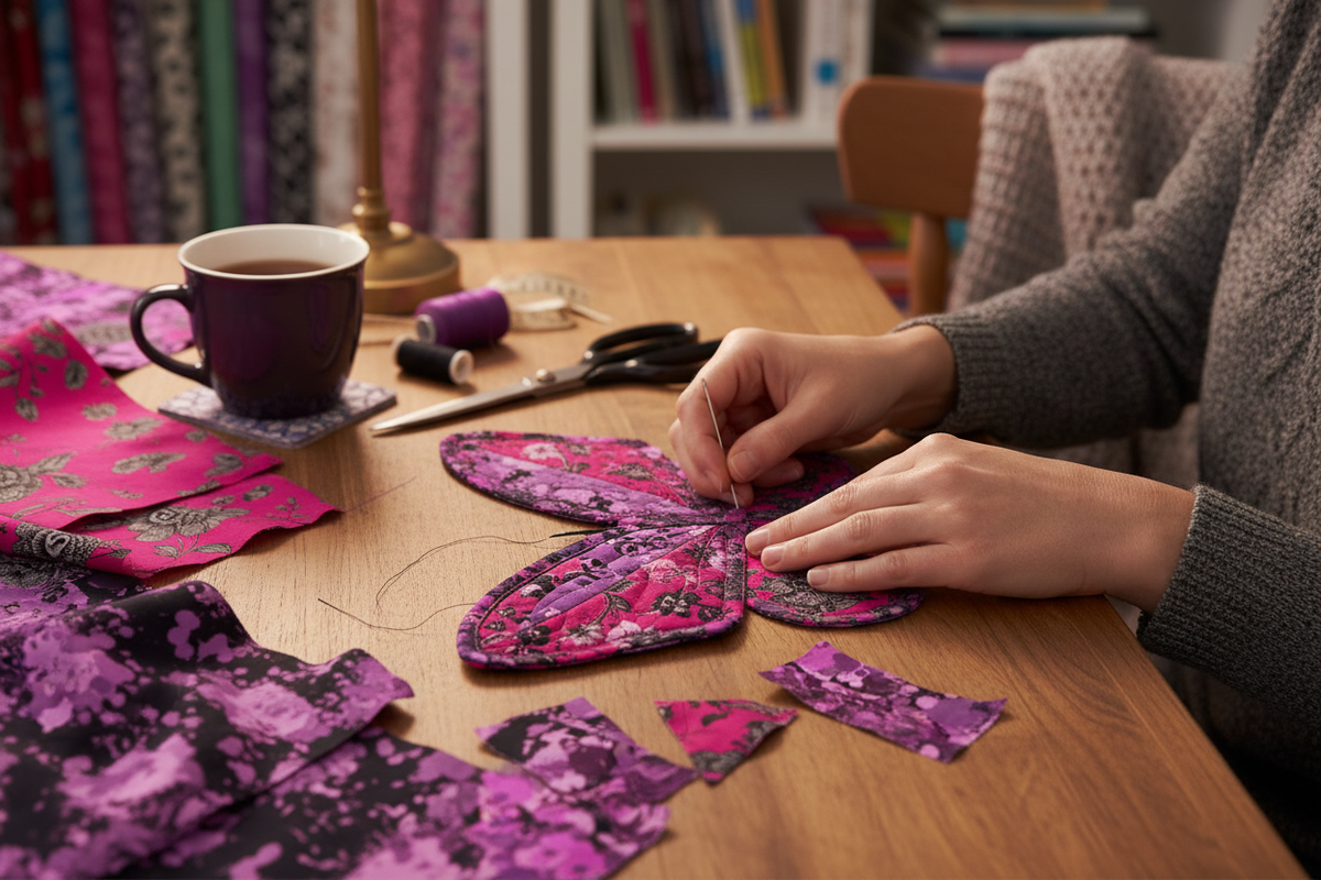 Woman Quilting a Butterfly Hotpad with Phantasm Fabrics