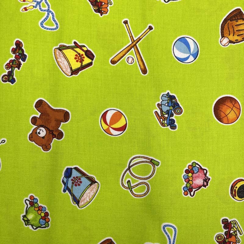 Wee Play Tossed Toys Green Kathy Brown Red Rooster Fabrics 4724/26698GRE1 By the Half Yard
